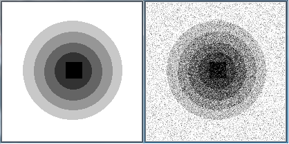 Initial image without noise (left) and with Gaussian noise of amplitude 50 (right).