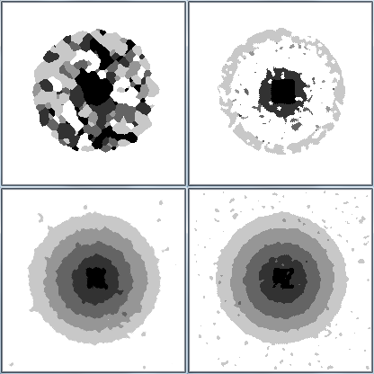 Image processed by simulated annealing (left) and ICM (right) for the Potts model (top) and the Markovian-Gaussian model with data attachment (bottom) for $\beta$ large.