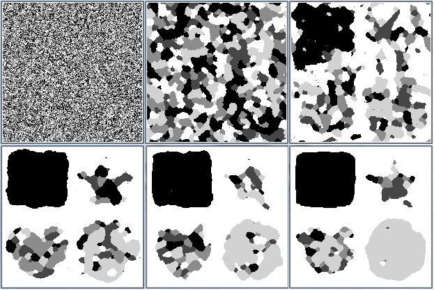 Image processed by simulated annealing and Potts model for $\beta \in \\{5, 25, 35, 50, 100, 500\\}$ (from left to right then top to bottom).