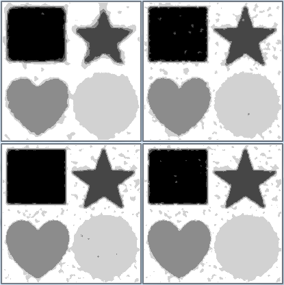 Image processed by simulated annealing (top) and ICM (bottom) and Markovian Gaussian model without (left) and with (right) attached to the data and knowing the shades of grey present in the initial unblurred image.